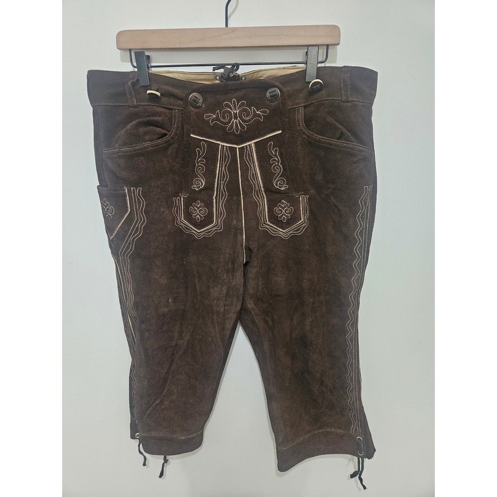 Lederhosen4u Mens Brown Suede Leather Embroidered Lederhosen Oktoberfest Size 36